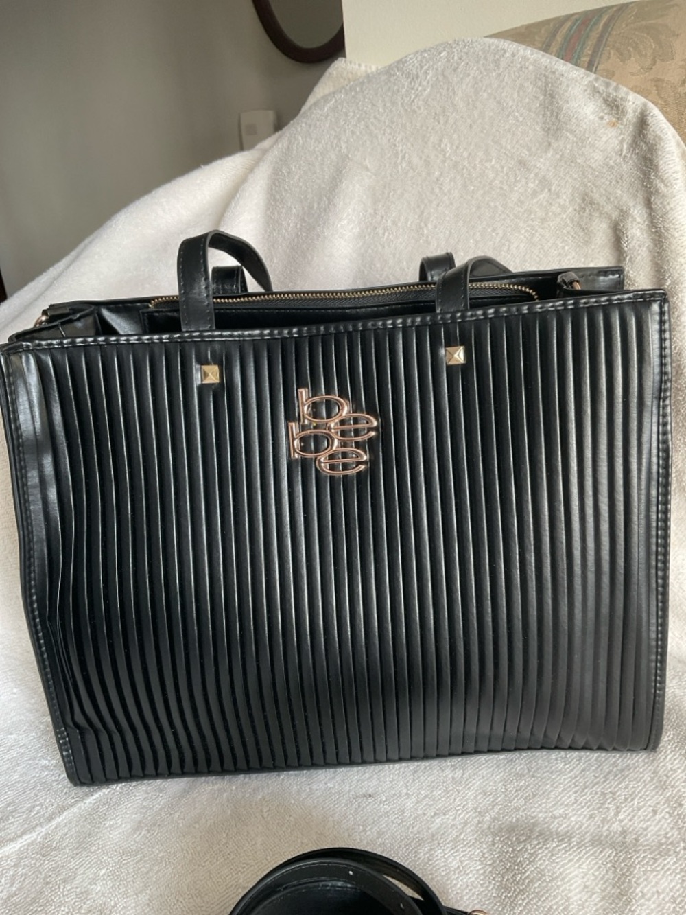 bebe Black Pleated Tote with Gold Logo - Picture 3 of 5
